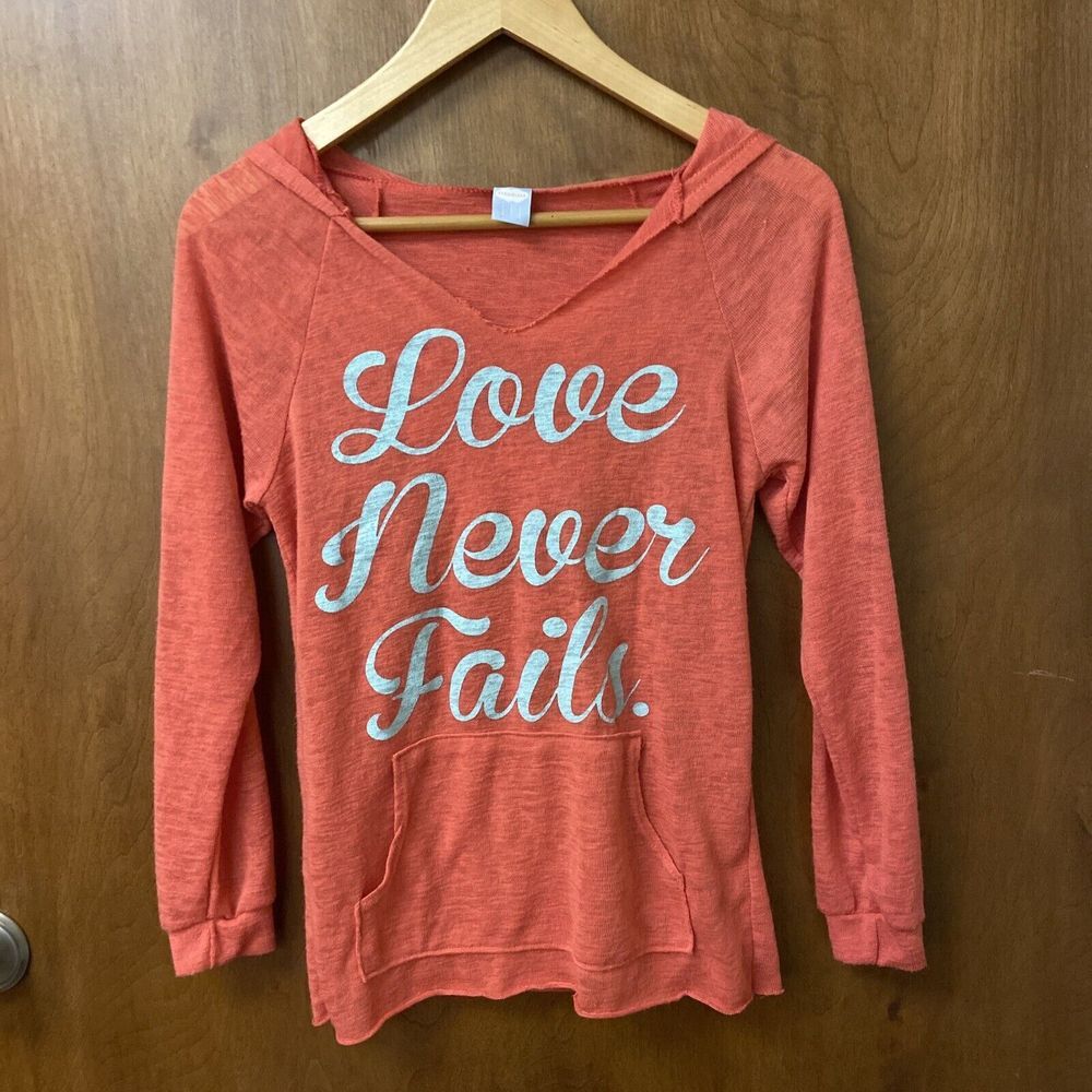 Cloudless‎ Coral Hooded Sweatshirt Top Love never Fails Graphic Womens Ladies S